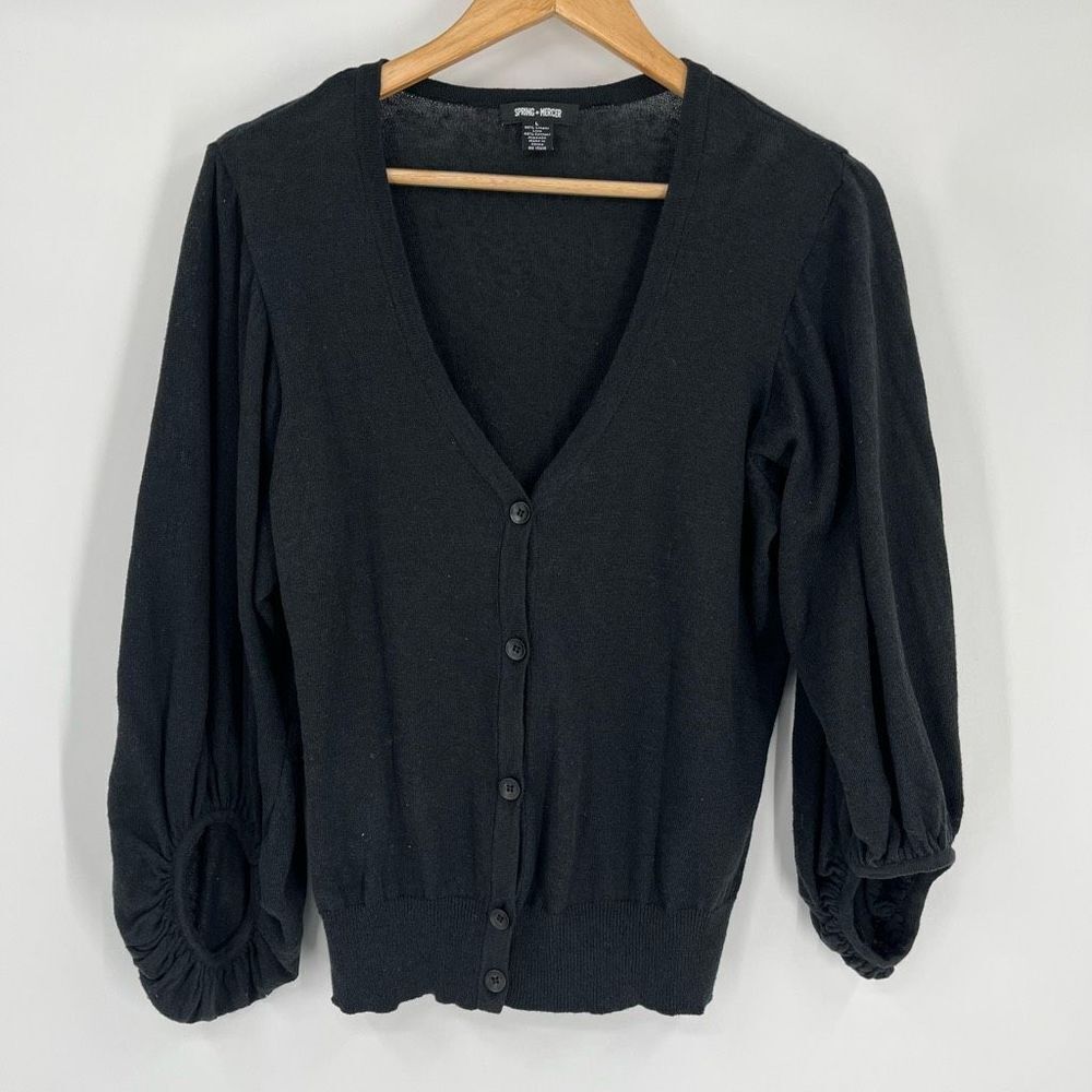 Spring + Mercer Cardigan Black Button Front Linen 3/4 Sleeves V-Neck Women Large